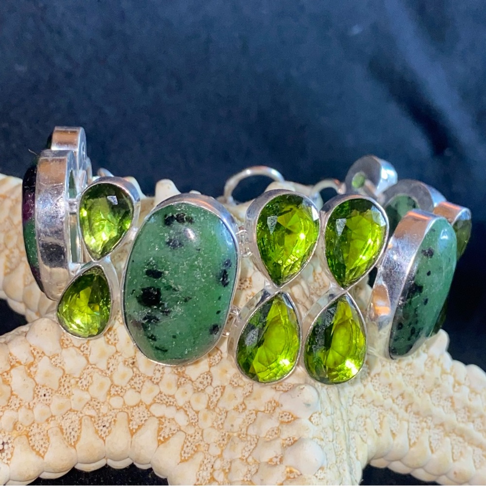 Sale * Ruby Zoisite +Peridot multi-gem statement vintage bracelet